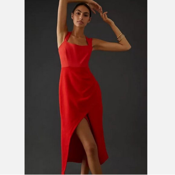 Anthropologie Maeve 10 NWT Squareneck Maxi Dress 160$ Red Holiday Cocktail - Picture 2 of 7